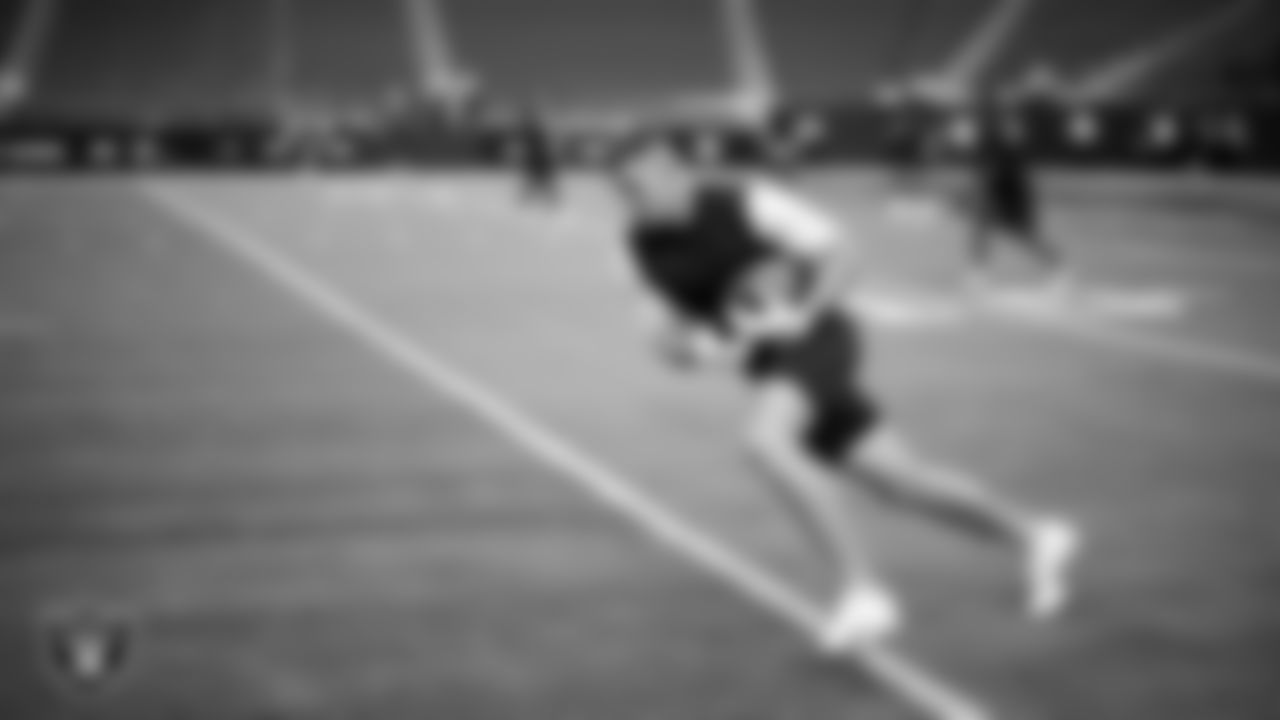 Las Vegas Raiders wide receiver Jack Bech (18) warming up before the regular season home game against the Jacksonville Jaguars at Allegiant Stadium.