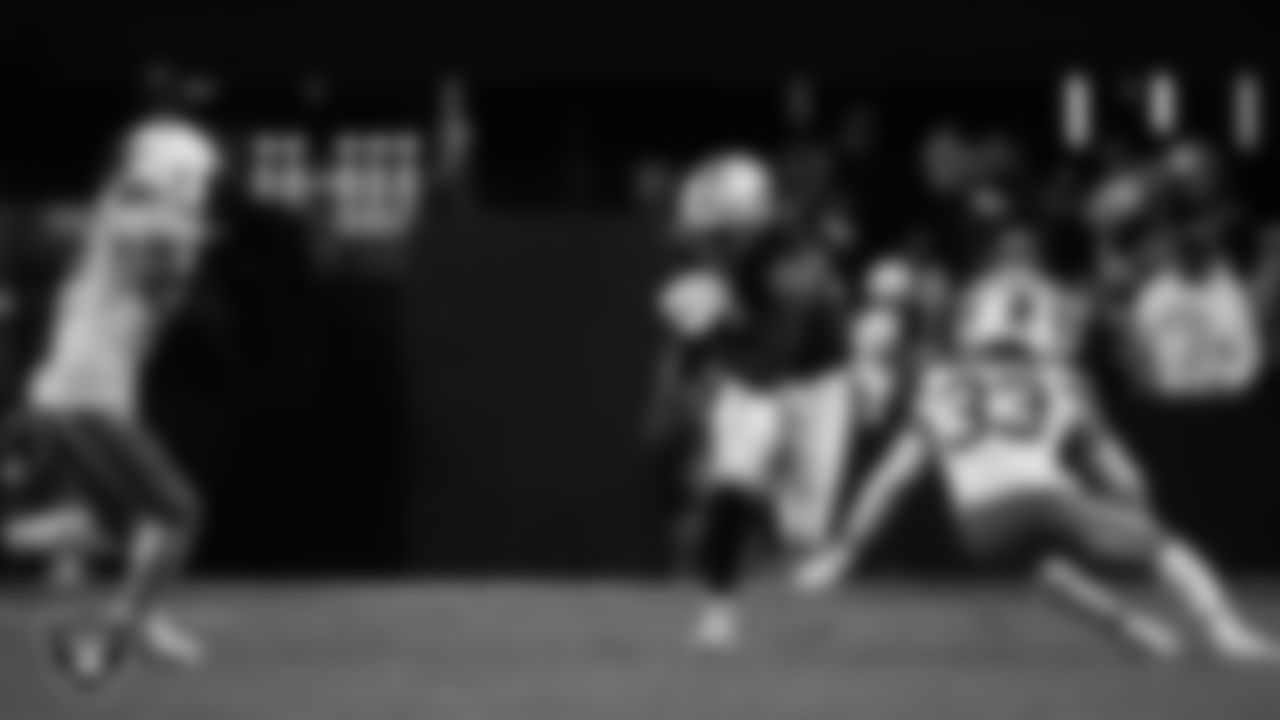 Las Vegas Raiders tight end Ian Thomas (80) runs after making a catch during the regular season home game against the Cleveland Browns at Allegiant Stadium.
