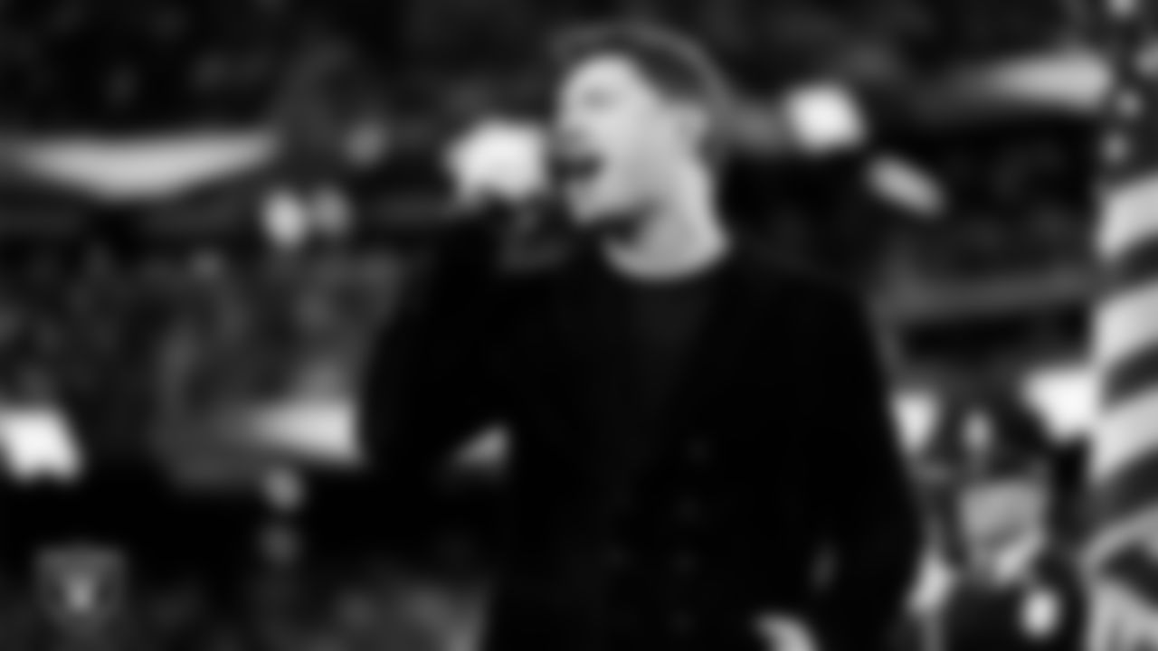 Singer Daniel Emmet performs the national anthem before the Las Vegas Raiders' regular season home game against the Kansas City Chiefs at Allegiant Stadium.