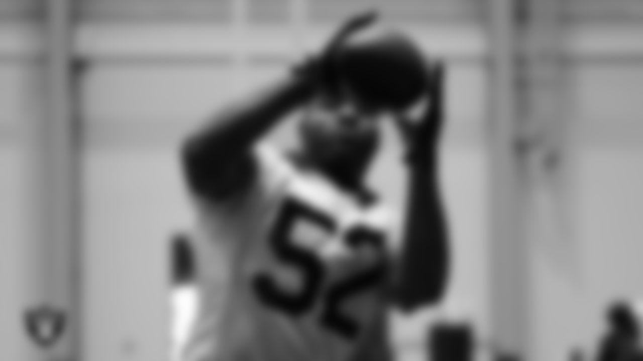 Las Vegas Raiders linebacker Elandon Roberts (52) during practice at Intermountain Health Performance Center.