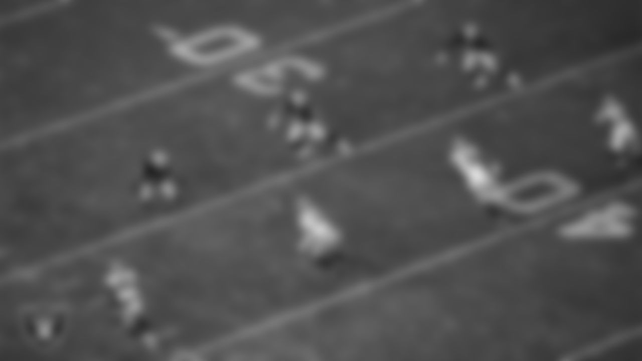 Las Vegas Raiders safety Phalen Sanford (42), tight end John Samuel Shenker (86) and linebacker Amari Gainer (53) block on a kick off during the preseason home game against the San Francisco 49ers at Allegiant Stadium.