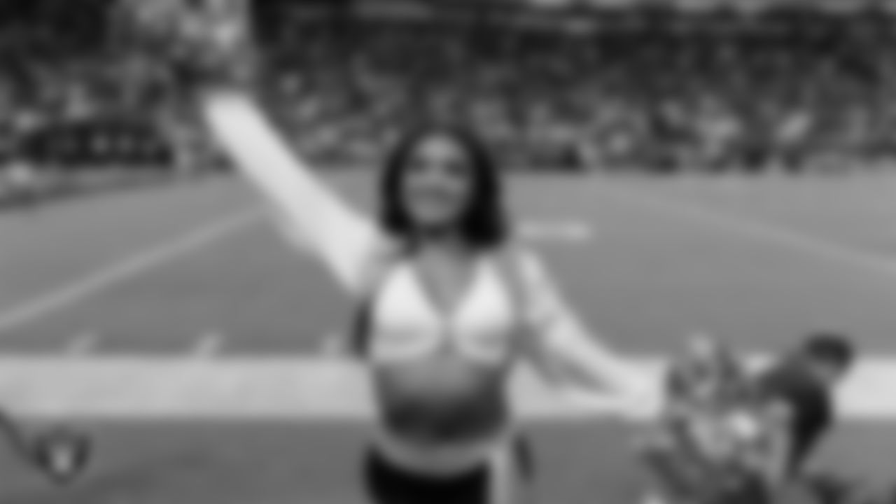 Raiderette Sloane on the sidelines during the regular season home game against the Los Angeles Chargers at Allegiant Stadium.