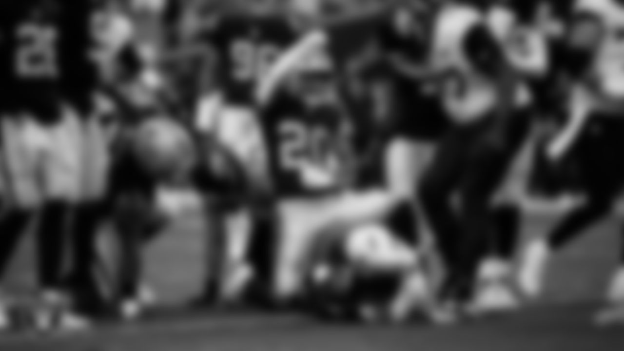 Las Vegas Raiders safety Isaiah Pola-Mao (20) celebrates after making a tackle during the regular season home game against the Jacksonville Jaguars at Allegiant Stadium.