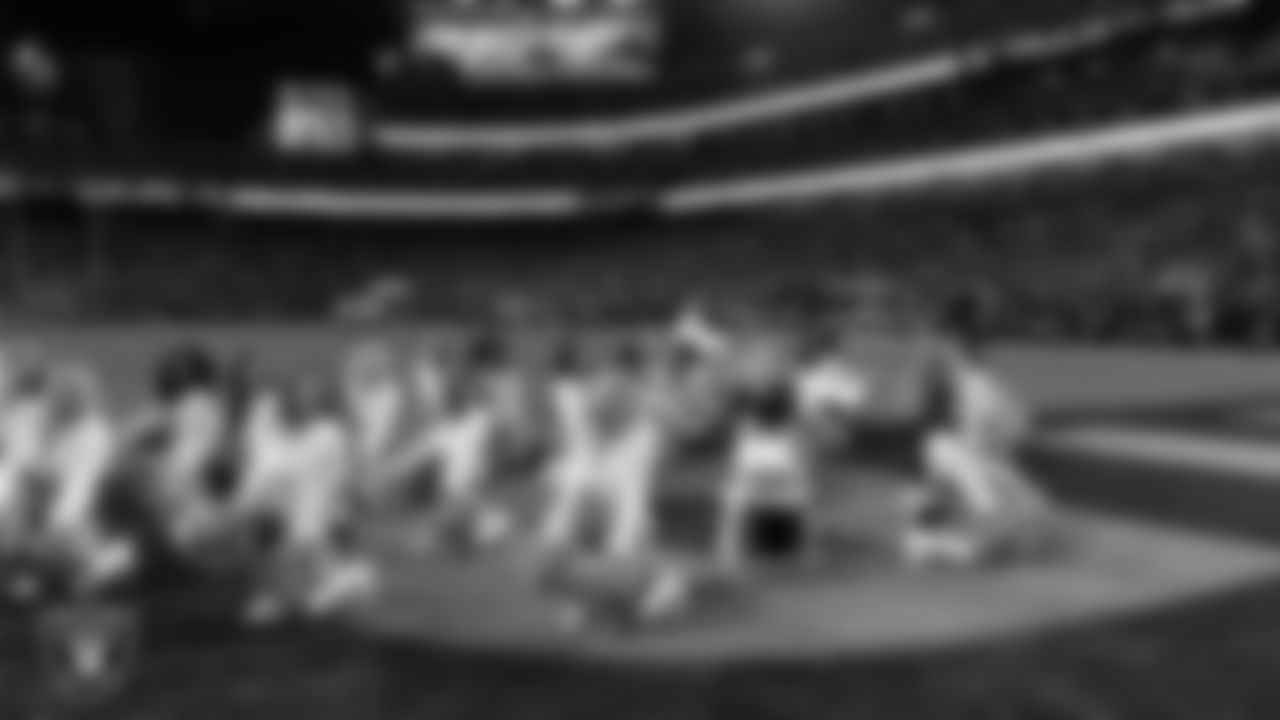 The Raiderettes perform on the field during the regular season home game against the Los Angeles Chargers at Allegiant Stadium.