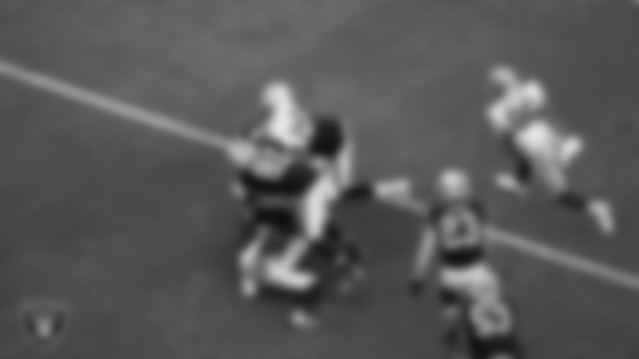 Las Vegas Raiders linebacker Tommy Eichenberg (44) and wide receiver Alex Bachman (81) make a tackle during the preseason home game against the San Francisco 49ers at Allegiant Stadium.