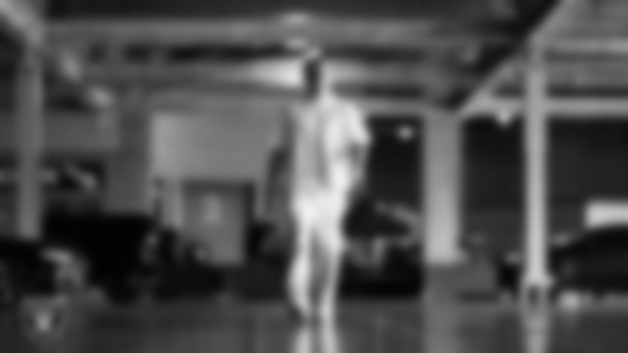 Las Vegas Raiders linebacker Cody Lindenberg (55) arrives to the regular season home game against the Chicago Bears at Allegiant Stadium.