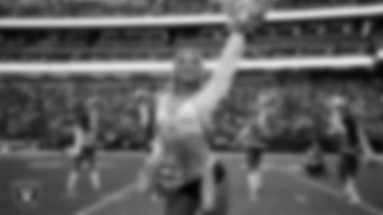 Raiderette Delaney during player introductions before the regular season home game against the Cleveland Browns at Allegiant Stadium.