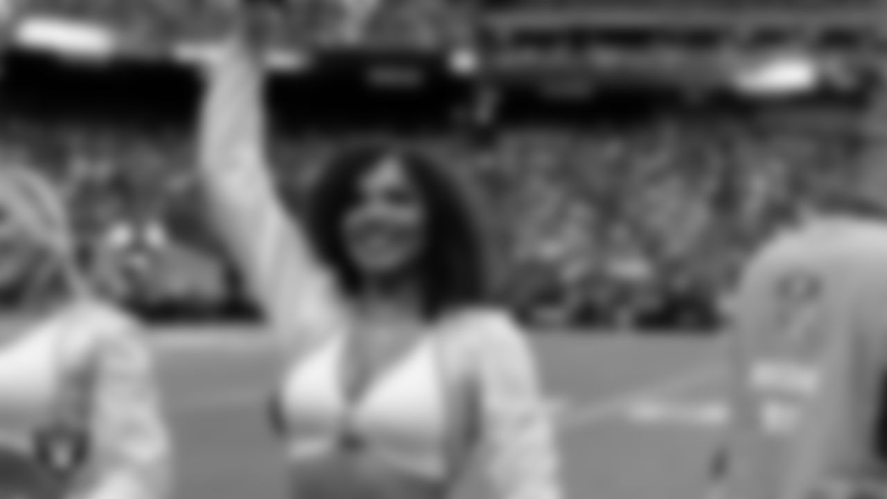 Raiderette Makenna on the sidelines during the preseason home game against the San Francisco 49ers at Allegiant Stadium.