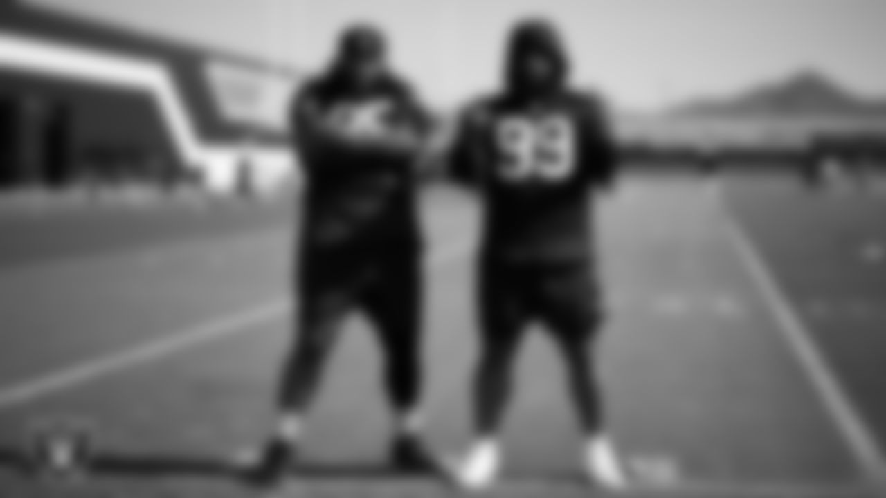 Las Vegas Raiders defensive tackle John Jenkins (95) and defensive tackle Nesta Jade Silvera (99) during practice at Intermountain Health Performance Center.