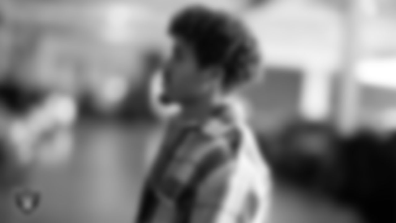 Las Vegas Raiders safety Tristin McCollum (27) arrives to the regular season home game against the Cleveland Browns at Allegiant Stadium.