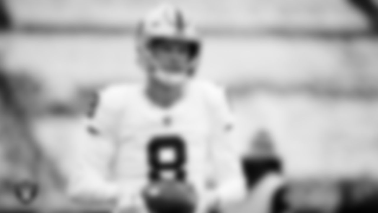 Las Vegas Raiders kicker Daniel Carlson (8) warming up before the regular season away game against the Philadelphia Eagles at Lincoln Financial Field.