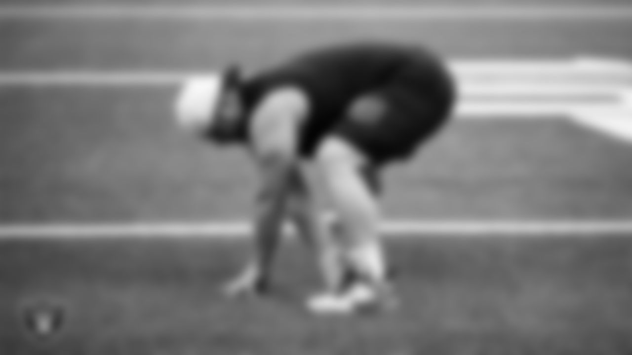 Las Vegas Raiders center/guard Jordan Meredith (61) warming up before the regular season away game against the Houston Texans at NRG Stadium.