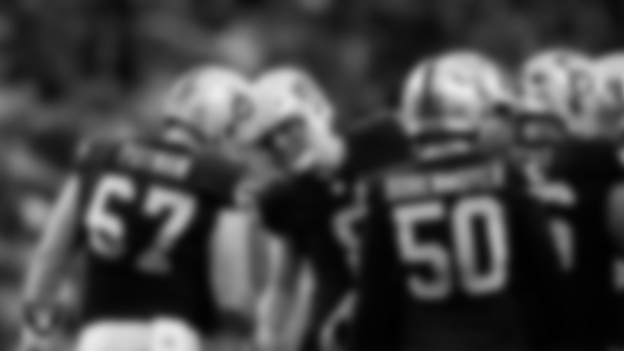 Las Vegas Raiders kicker Daniel Carlson (8) celebrates with teammates after kicking a 32-yard field goal during the regular season home game against the Kansas City Chiefs at Allegiant Stadium.