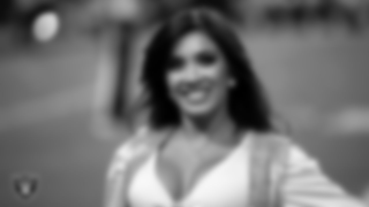 Raiderette Tatiana on the sidelines during the regular season home game against the Los Angeles Chargers at Allegiant Stadium.