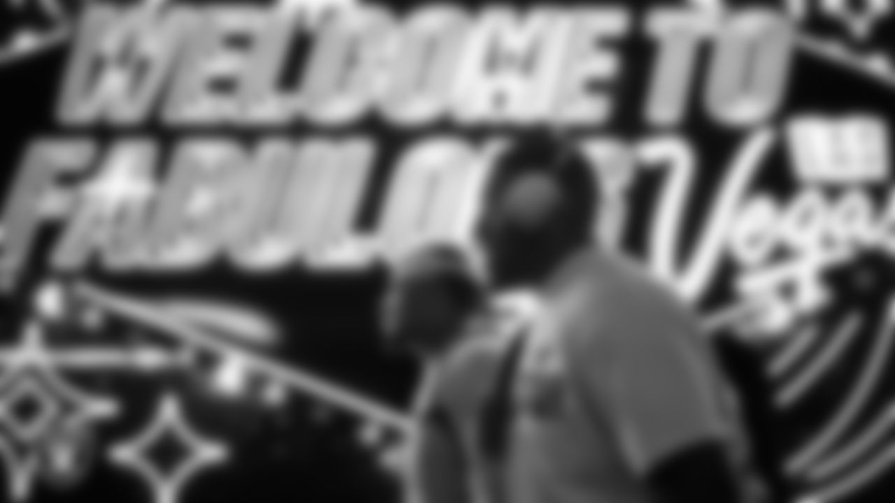 Las Vegas Raiders tackle DJ Glaze (71) arrives to the regular season home game against the New York Giants at Allegiant Stadium.