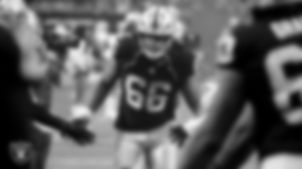 Las Vegas Raiders guard Dylan Parham (66) is introduced onto the field before the regular season home game against the Cleveland Browns at Allegiant Stadium.