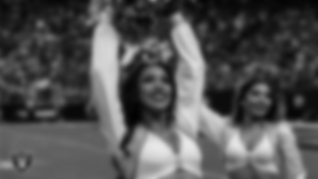 Raiderette Cierra on the sidelines during the regular season home game against the New York Giants at Allegiant Stadium.