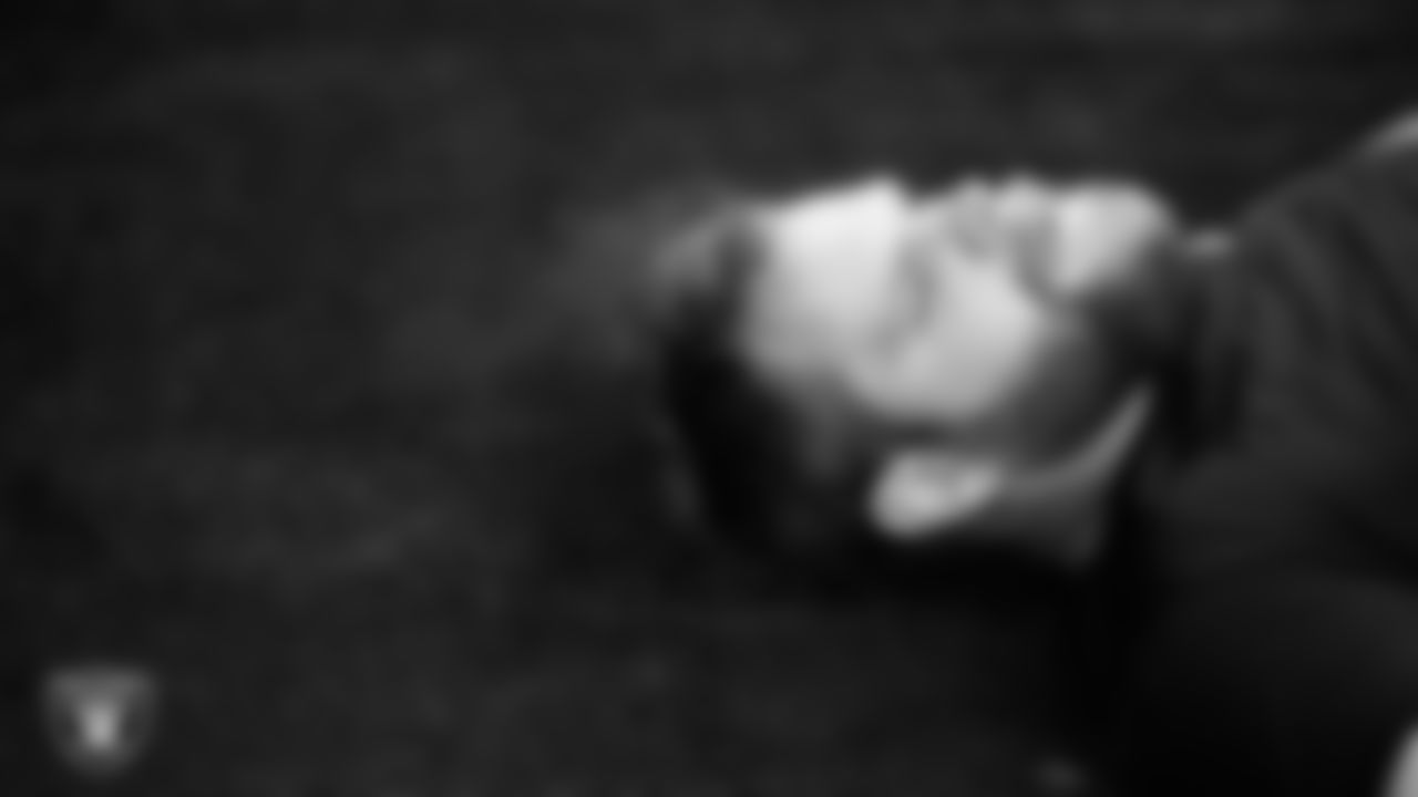 Las Vegas Raiders center/guard Jordan Meredith (61) warming up before the regular season home game against the Jacksonville Jaguars at Allegiant Stadium.