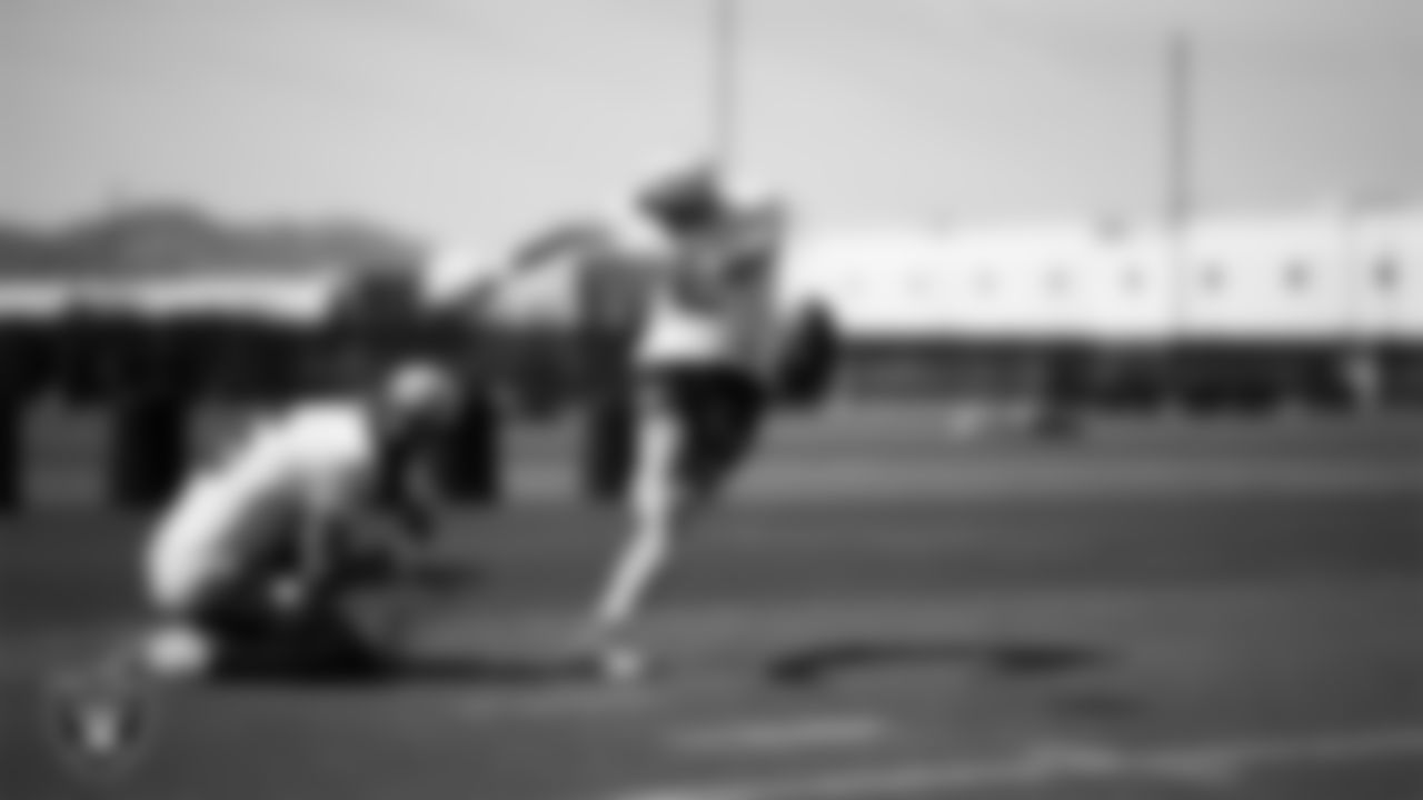 Las Vegas Raiders punter AJ Cole (6) and kicker Daniel Carlson (2) at a workout during phase two of the offseason program at Intermountain Health Performance Center.