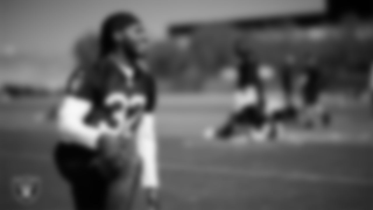 Las Vegas Raiders safety Lonnie Johnson Jr. (32) at a workout during phase two of the offseason program at Intermountain Health Performance Center.