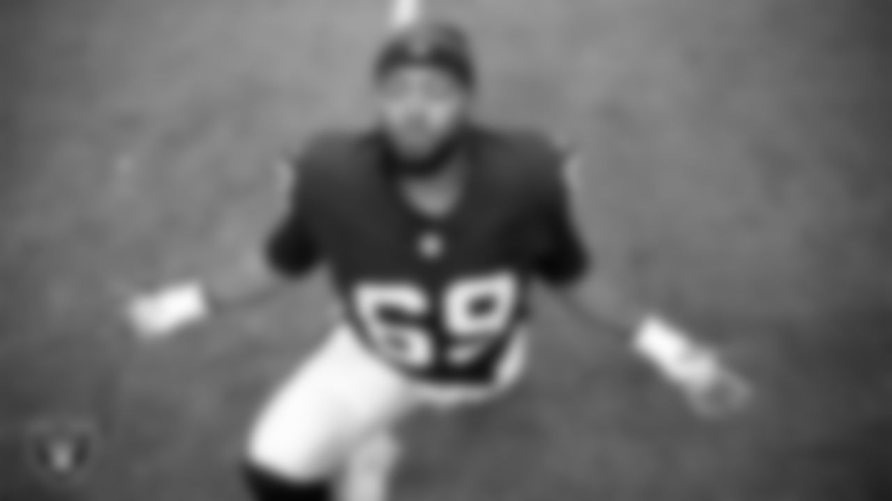 Las Vegas Raiders defensive tackle Adam Butler (69) warming up before the regular season home game against the Tennessee Titans at Allegiant Stadium.