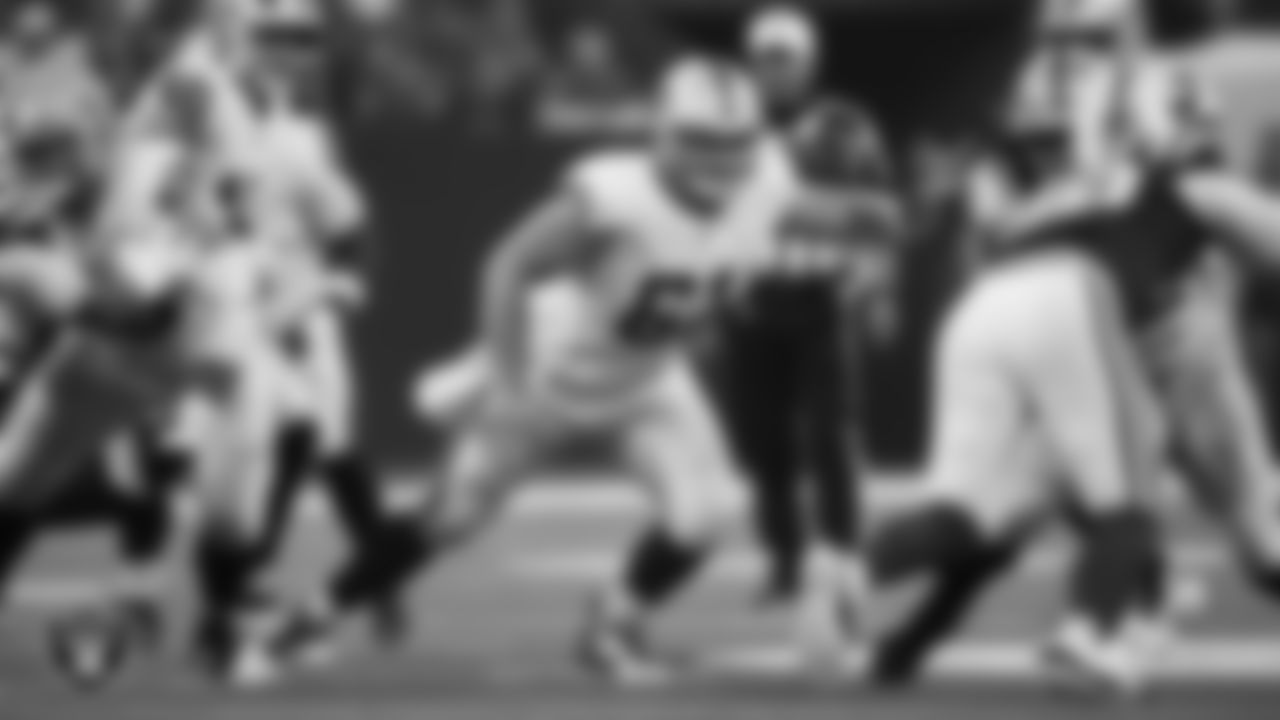 Las Vegas Raiders center/guard Jordan Meredith (61) blocks during the regular season away game against the Indianapolis Colts at Lucas Oil Stadium.