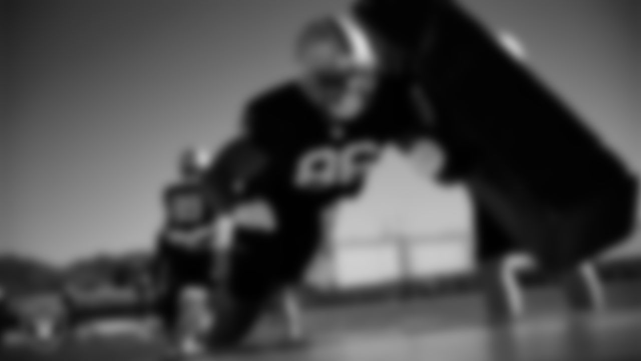 Las Vegas Raiders tight end Albert Okwuegbunam (86) during practice at Intermountain Health Performance Center.