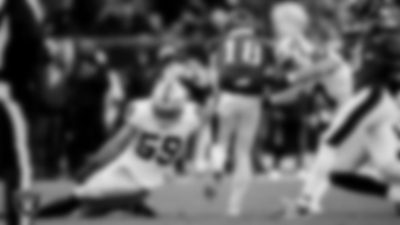 Las Vegas Raiders linebacker Jon Rhattigan (59) and tight end Michael Mayer (87) during the regular season away game against the Philadelphia Eagles at Lincoln Financial Field.