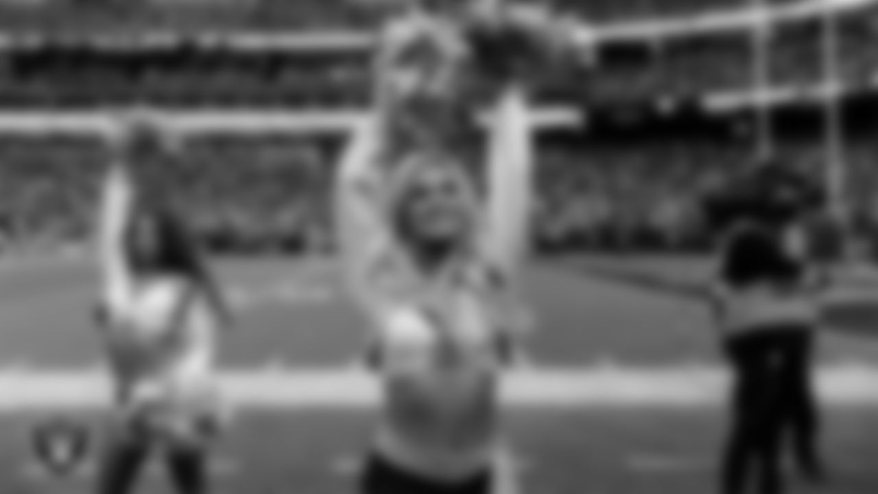 Raiderette Pip on the sidelines during the regular season home game against the Jacksonville Jaguars at Allegiant Stadium.