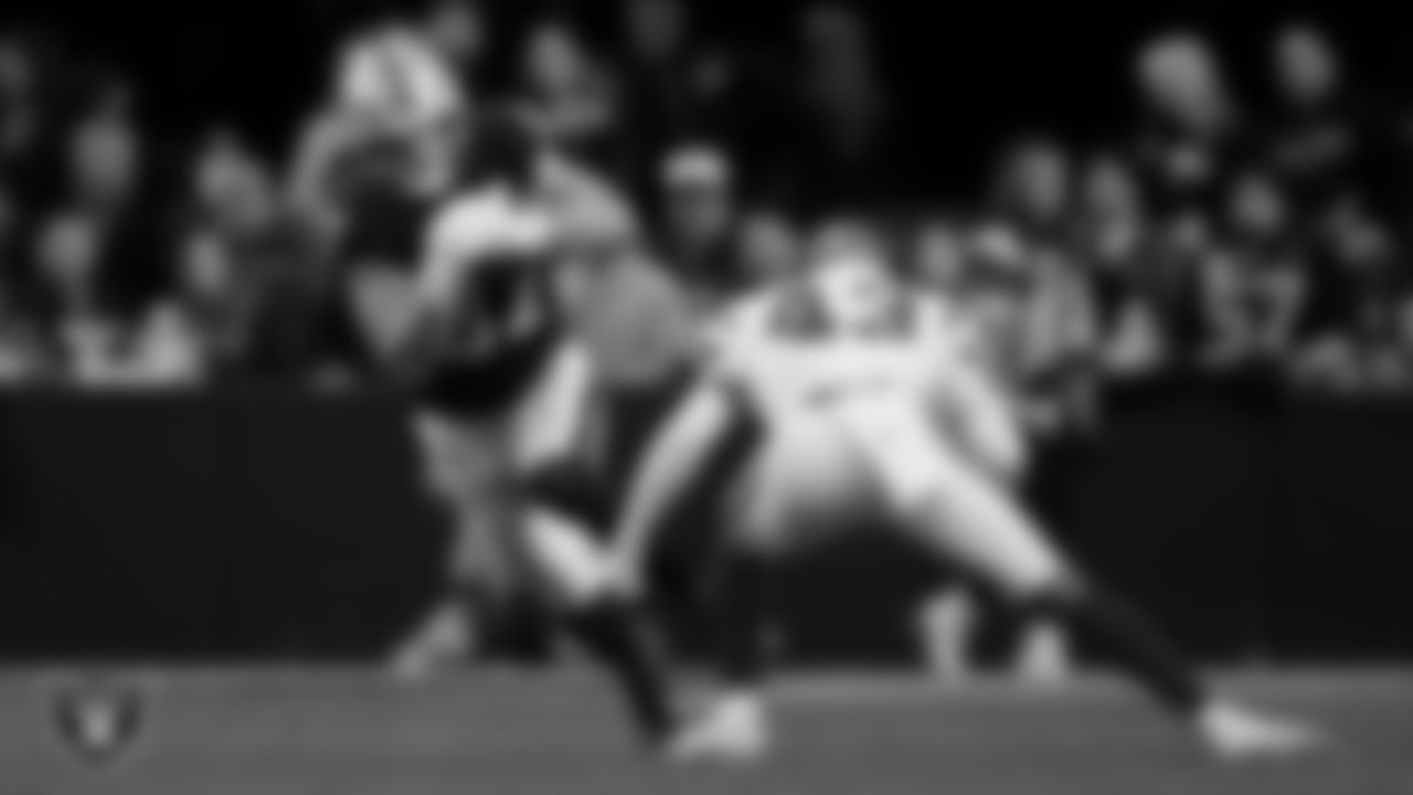 Las Vegas Raiders tight end Michael Mayer (87) runs after making a catch during the regular season home game against the New York Giants at Allegiant Stadium.