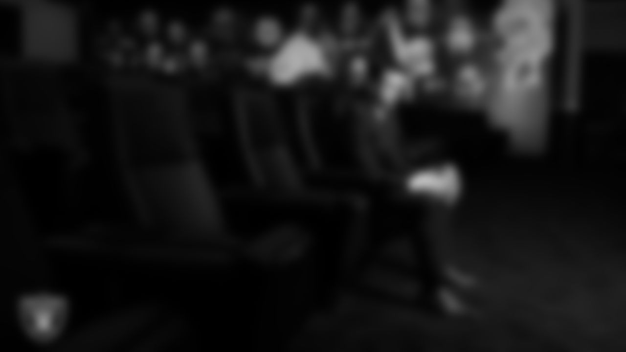 Las Vegas Raiders Head Coach Klint Kubiak in the team room following his introductory press conference at Intermountain Health Performance Center.