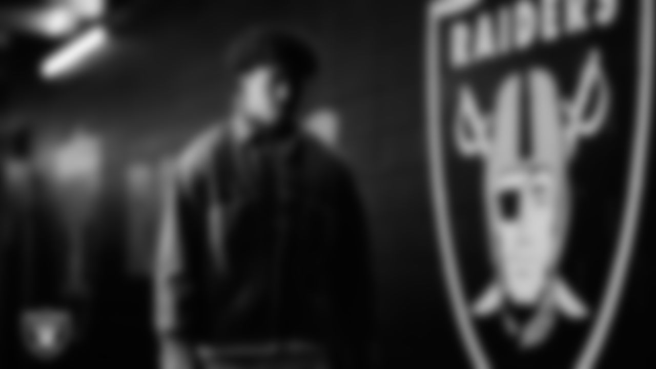 Las Vegas Raiders safety Tristin McCollum (27) arrives to the regular season home game against the Tennessee Titans at Allegiant Stadium.