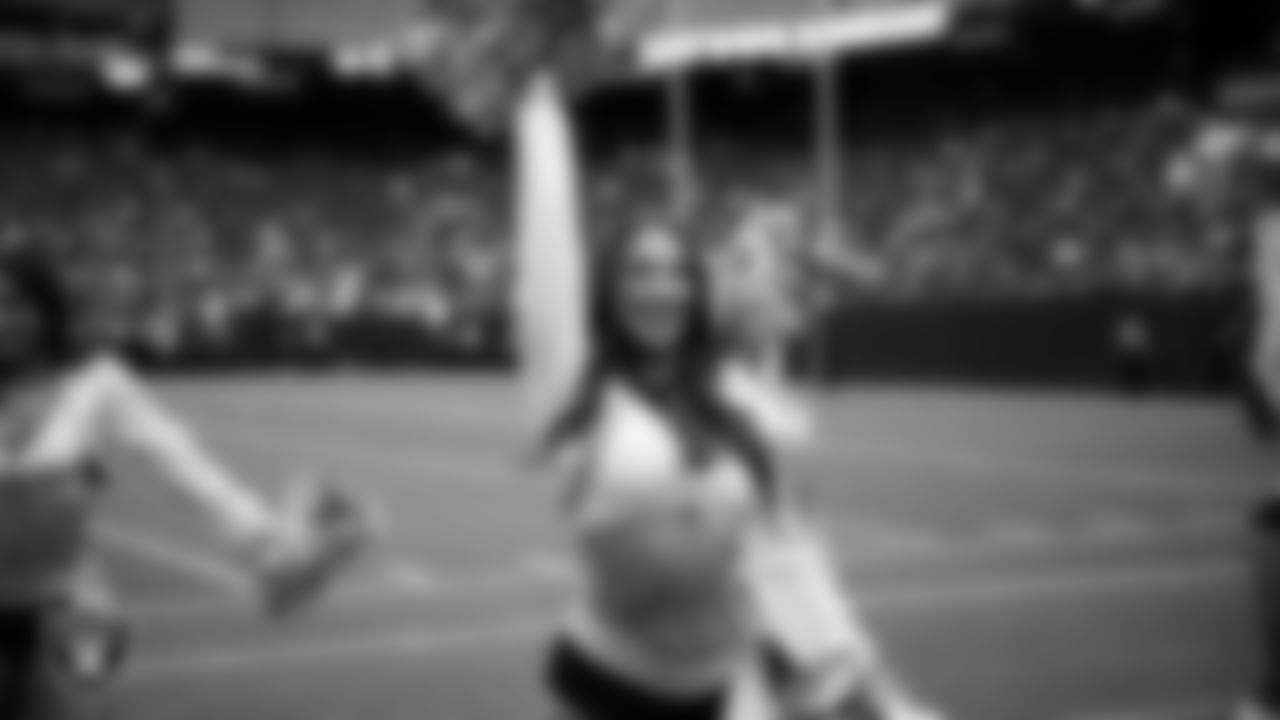 Raiderette Cheyanne on the sidelines during a 2025 Training Camp mock game at Allegiant Stadium.