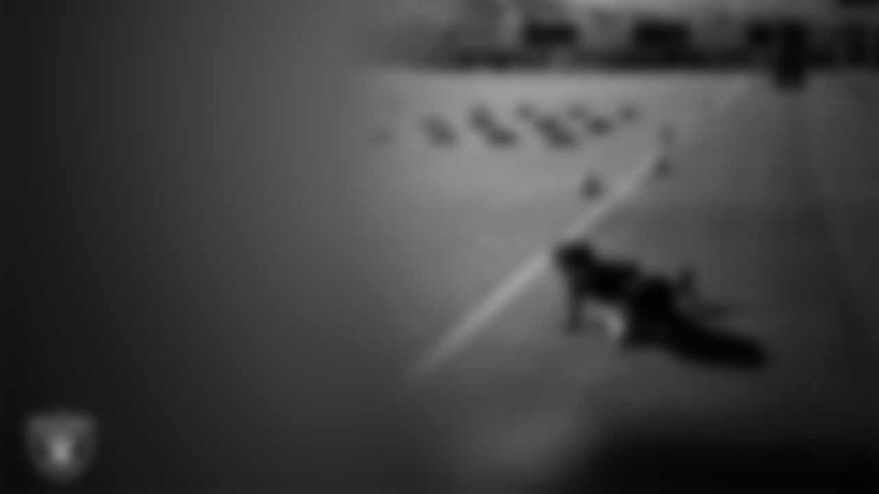 Las Vegas Raiders safety Tristin McCollum (27) during practice at Intermountain Health Performance Center.