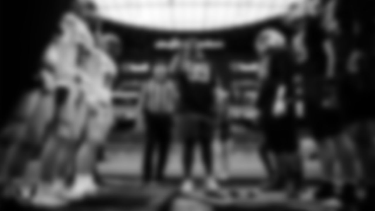 Las Vegas Raiders defensive tackle Thomas Booker IV (99) during the coin toss before the NIAA 4A Division State Championship game between McQueen High School and Pinecrest Academy - Sloan Canyon at Allegiant Stadium.