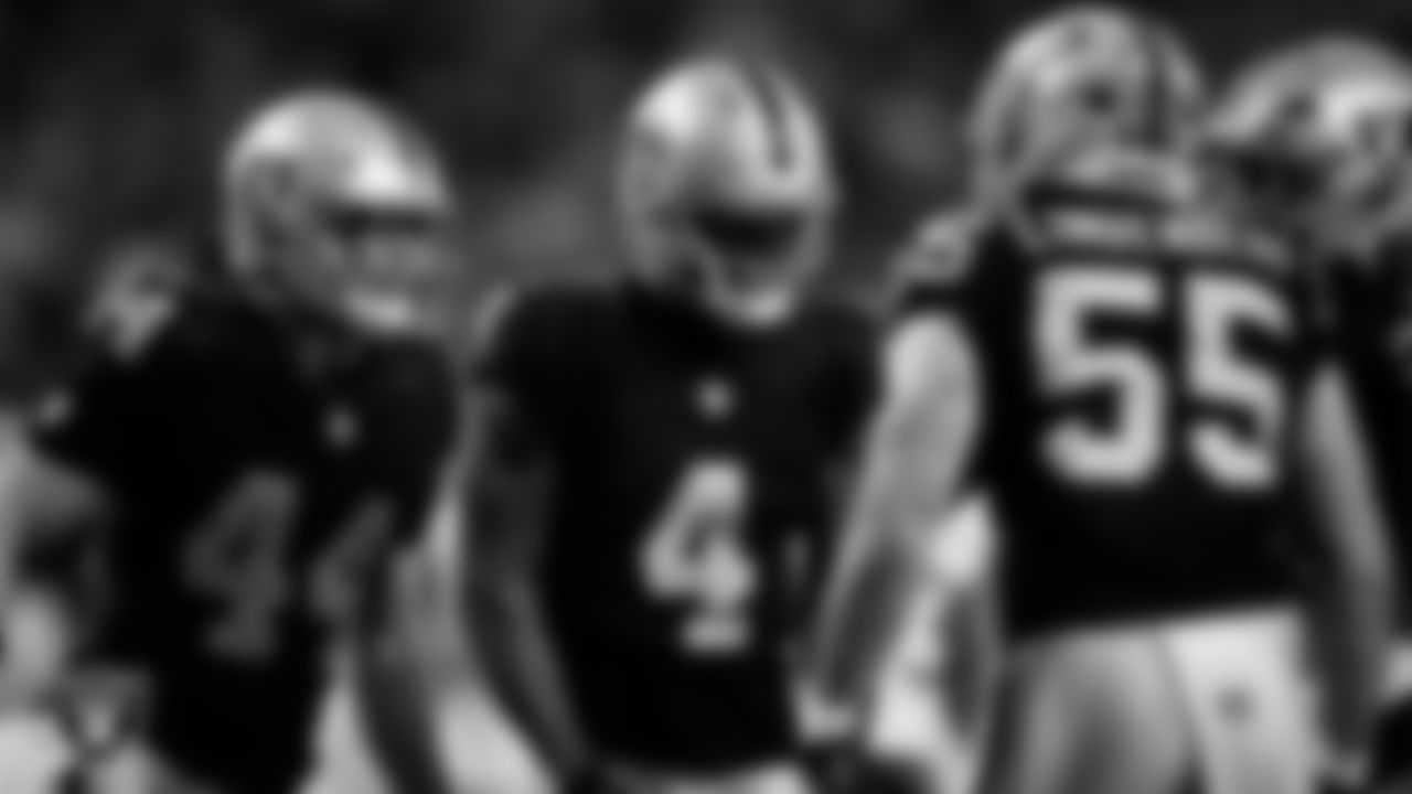 Las Vegas Raiders wide receiver Shedrick Jackson (4) celebrates with teammates after making a tackle during the regular season home game against the Kansas City Chiefs at Allegiant Stadium.