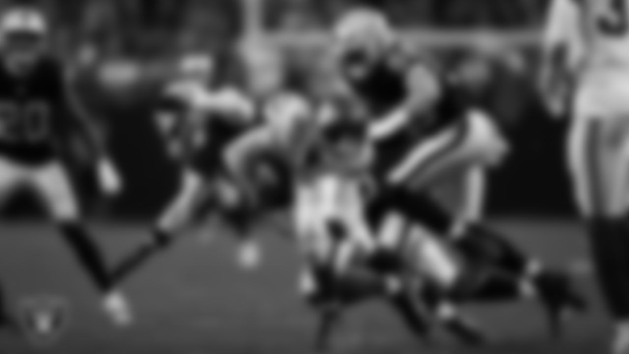 Las Vegas Raiders linebacker Tommy Eichenberg (44) goes to make a tackle during the regular season home game against the New York Giants at Allegiant Stadium.