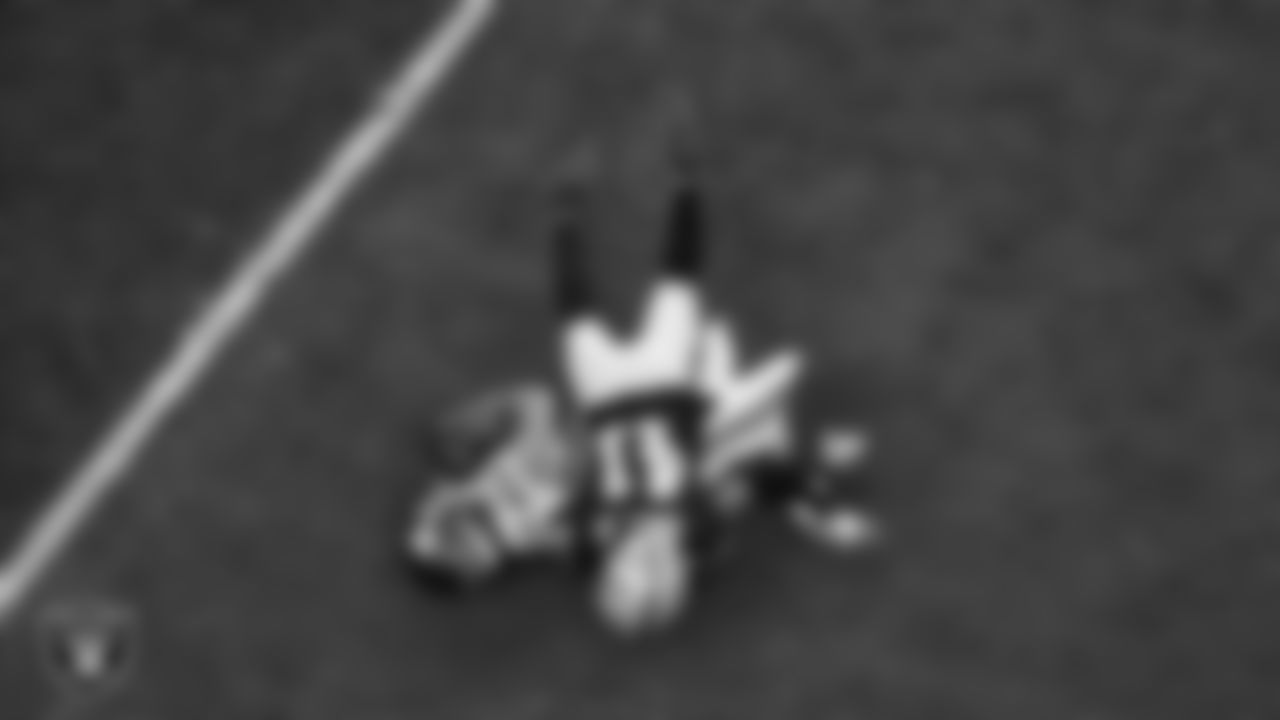 Las Vegas Raiders cornerback Greedy Vance (41) breaks up a pass during the regular season home game against the New York Giants at Allegiant Stadium.