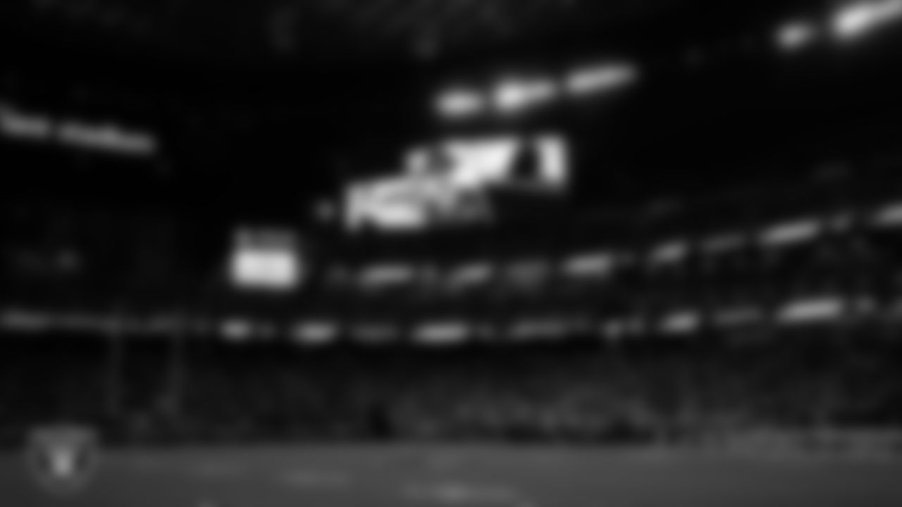 Las Vegas Raiders facilities manager and chief engineer Najja Williams is honored for his service before the Raiders' regular season home game against the Dallas Cowboys at Allegiant Stadium.