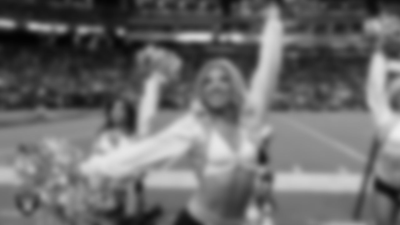 Raiderette Jordie on the sidelines during the regular season home game against the Los Angeles Chargers at Allegiant Stadium.