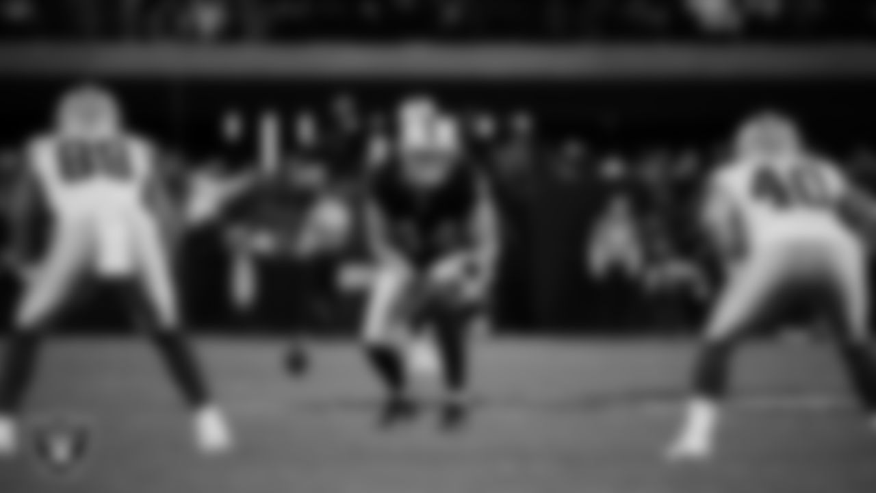 Las Vegas Raiders linebacker Tommy Eichenberg (44) lines up before the kickoff during the regular season home game against the Dallas Cowboys at Allegiant Stadium.