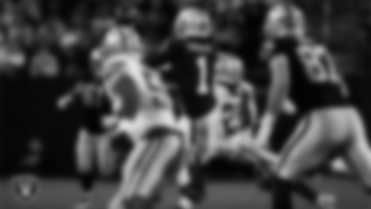 Las Vegas Raiders wide receiver Tre Tucker (1) goes for a catch during the regular season home game against the Dallas Cowboys at Allegiant Stadium.