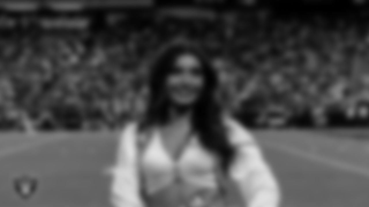 Raiderette Maddie on the sidelines during the regular season home game against the Dallas Cowboys at Allegiant Stadium.