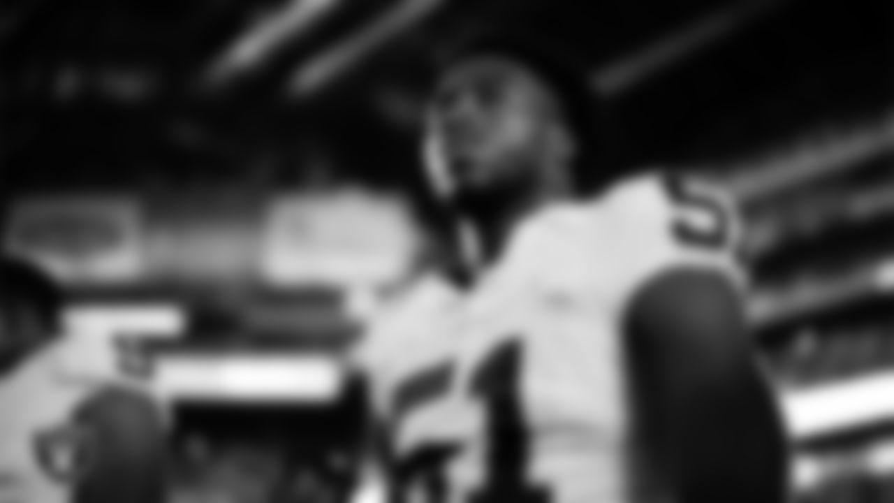 Las Vegas Raiders defensive end Malcolm Koonce (51) on the sidelines before the regular season away game against the Indianapolis Colts at Lucas Oil Stadium.