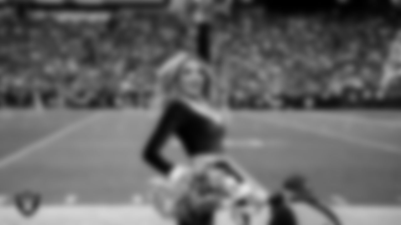 Raiderette Hayley on the sidelines during the regular season home game against the New York Giants at Allegiant Stadium.