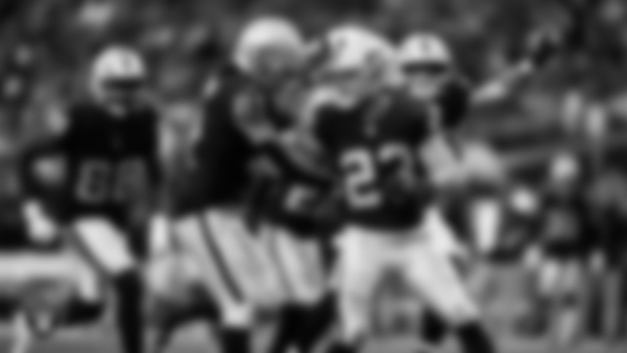 Las Vegas Raiders running back Dylan Laube (23) celebrates with wide receiver Alex Bachman (81) after making a tackle during the regular season home game against the Tennessee Titans at Allegiant Stadium.