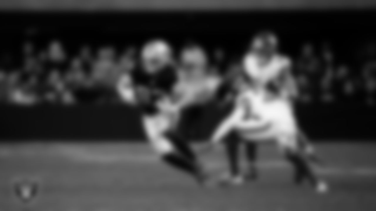 Las Vegas Raiders tight end Michael Mayer (87) runs after making a catch during the regular season home game against the New York Giants at Allegiant Stadium.