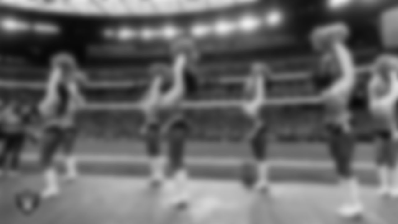 Line 4 of the Raiderettes performs on the sidelines during the regular season home game against the Denver Broncos at Allegiant Stadium.