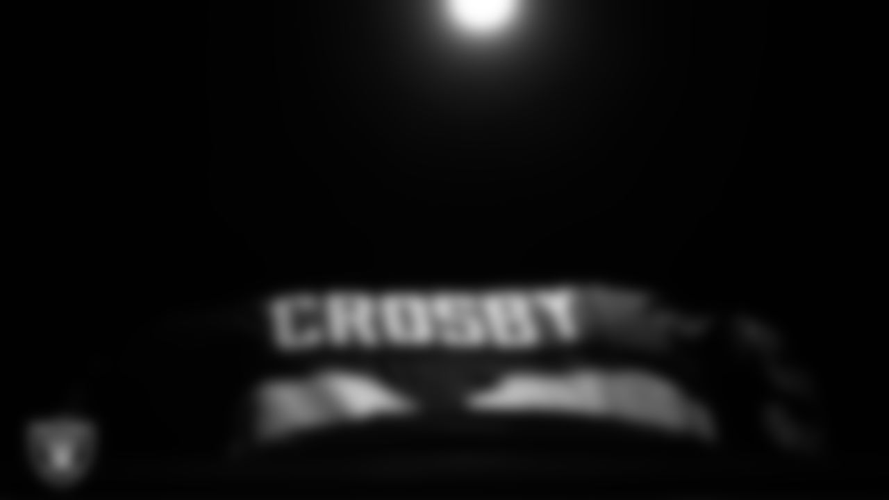 Las Vegas Raiders defensive end Maxx Crosby's (98) pads in the locker room prior to the Raiders' arrival for their regular season home game against the New York Jets at Allegiant Stadium.