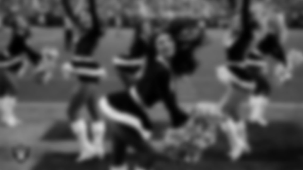 Raiderette Kylee performs on the field during the regular season home game against the New York Giants at Allegiant Stadium.